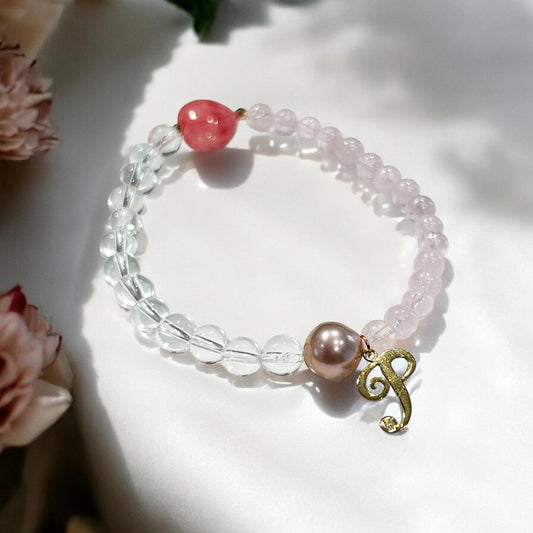 【ピンク真珠】k18チャームダイヤモンド入り インカローズハート型ブレスレット