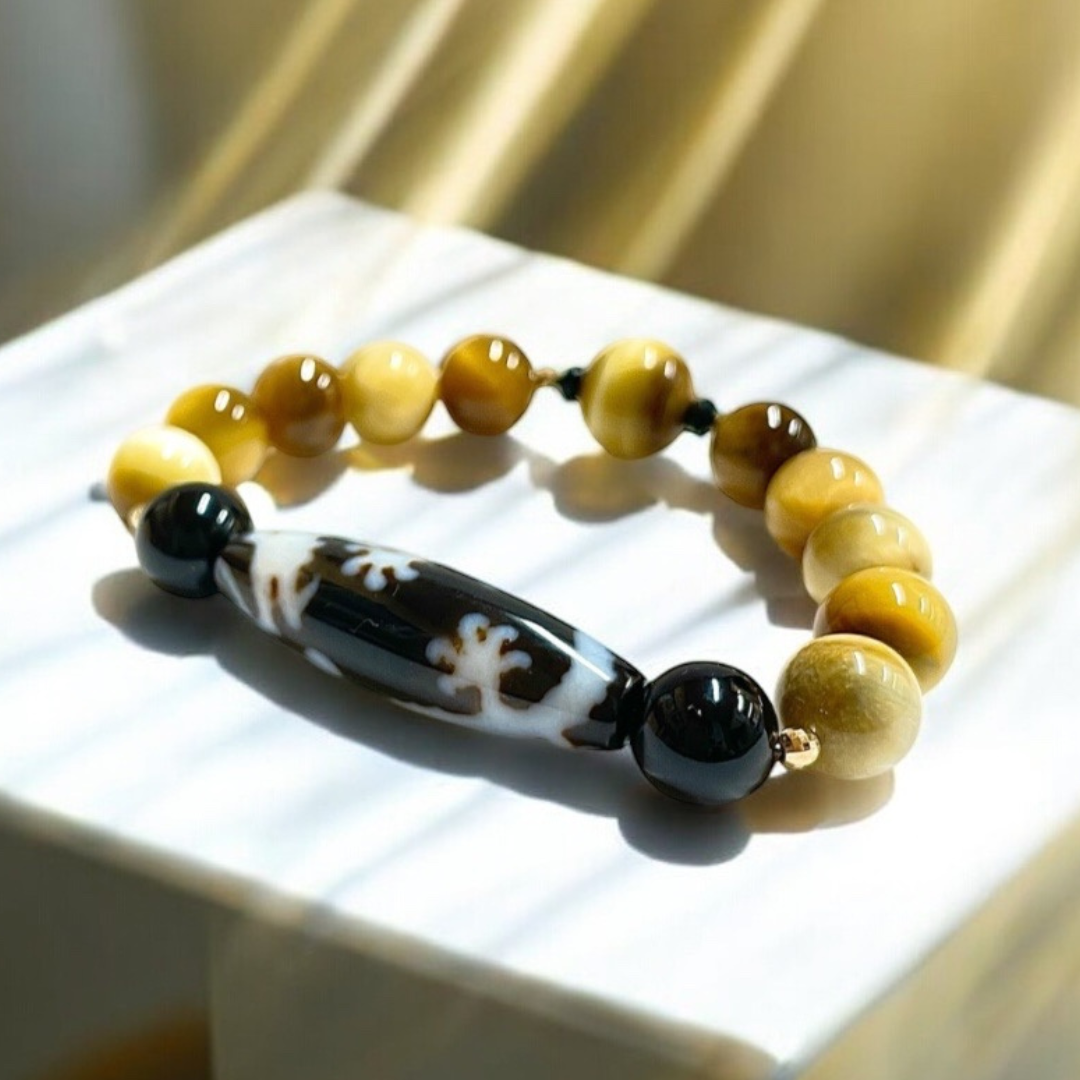 《一点物 金運ブレス》K18入り!宝珠皇帝龍天珠&タイガーアイ&オニキスブレスレット