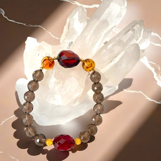 《一点物》K18入りレッド琥珀•琥珀&スモーキークォーツブレスレット