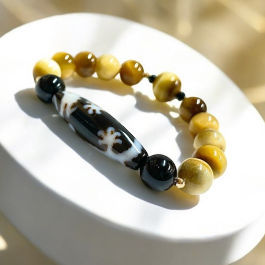 《一点物 金運ブレス》K18入り!宝珠皇帝龍天珠&タイガーアイ&オニキスブレスレット