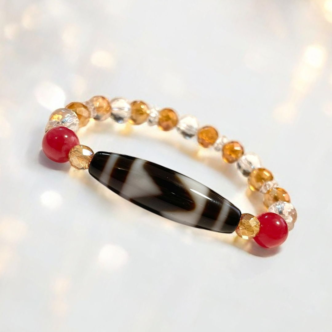 《一点物》K18入り虎牙天珠&水晶&オレンジオーラクウォーツ&ロードナイトブレスレット