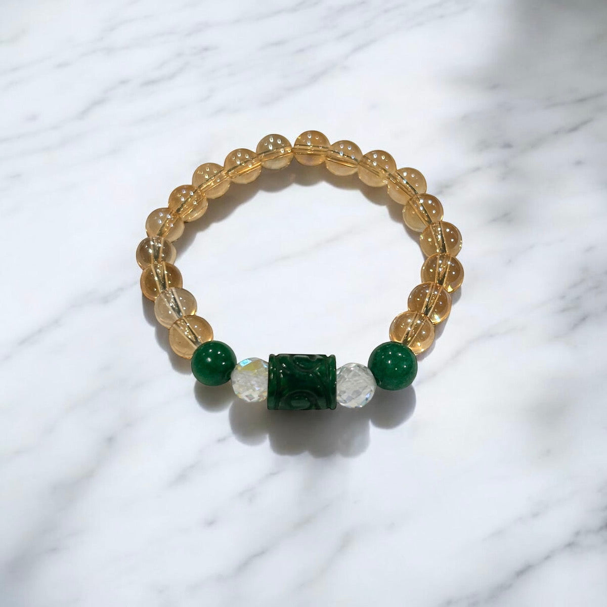 【新作】天然彫刻ヒスイ&オレンジオーラクォーツ ブレスレット