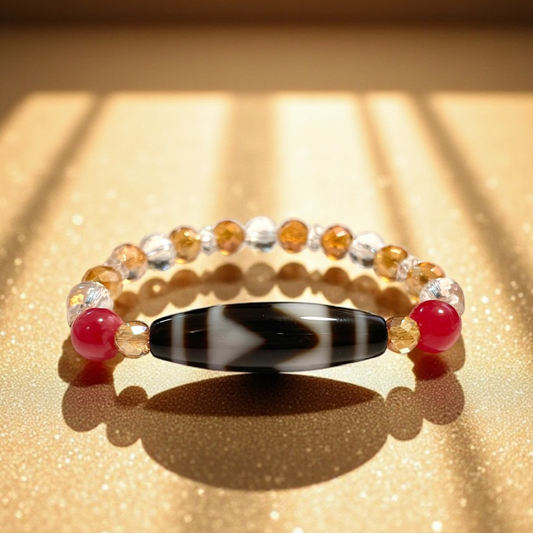 《一点物》K18入り虎牙天珠&水晶&オレンジオーラクウォーツ&ロードナイトブレスレット