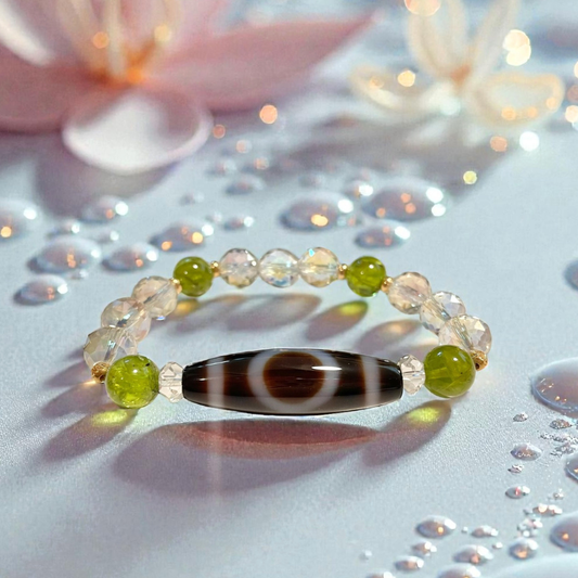 《一点物》K18入り！天地天珠＆ペリドット＆ダイアモンドカットオーラ水晶ブレスレット