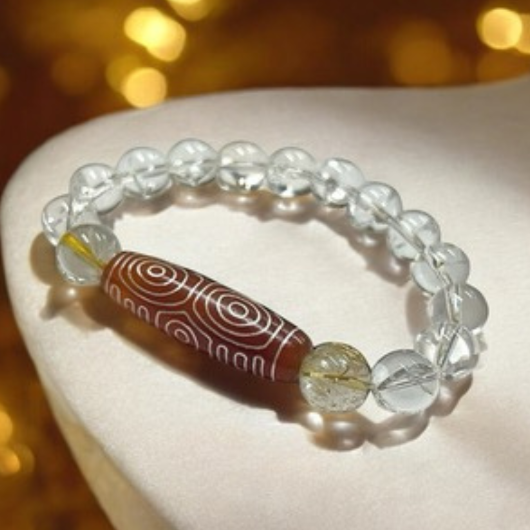 《一点物》金運ブレス　銀線入り龍眼白天珠＆ルチルクォーツ＆レインボークラッククォーツ