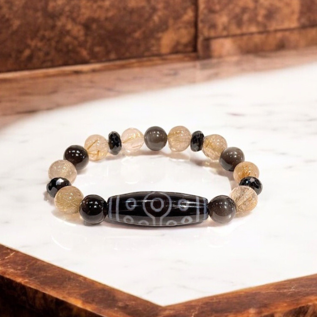 《一点物》十五眼天珠＆ブラックスターサンストーン＆ルチルクォーツブレスレット