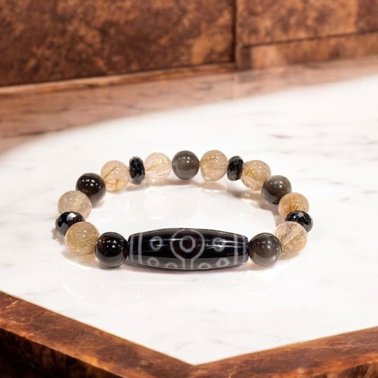 《一点物》十五眼天珠＆ブラックスターサンストーン＆ルチルクォーツブレスレット