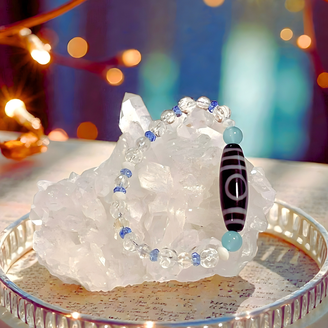 《一点物》増益天地天珠＆水晶＆シーブルーカルセドニーブレスレット