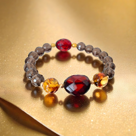 《一点物》K18入りレッド琥珀•琥珀＆スモーキークォーツブレスレット