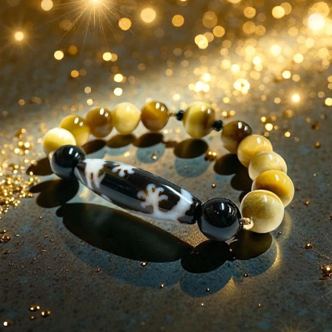 《一点物 金運ブレス》K18入り！宝珠皇帝龍天珠＆タイガーアイ＆オニキスブレスレット