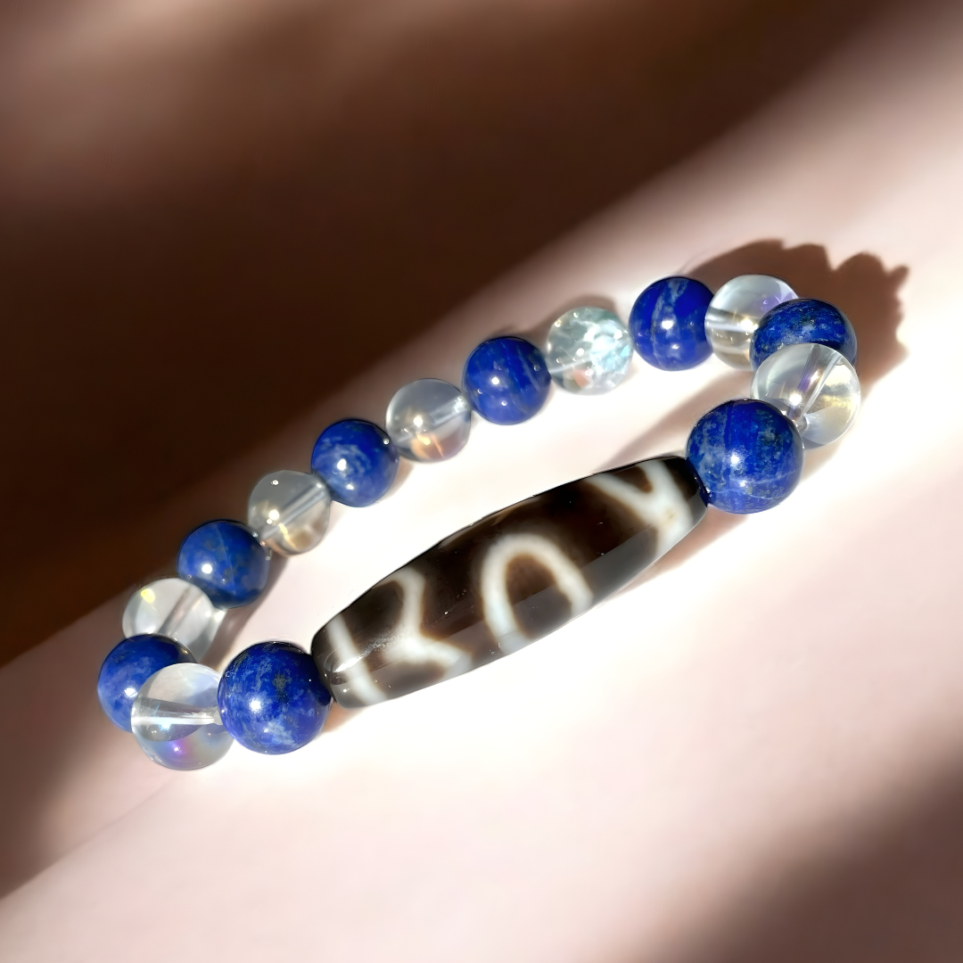 息増懐珠天珠＆ラピスラズリ＆水晶ブレスレット