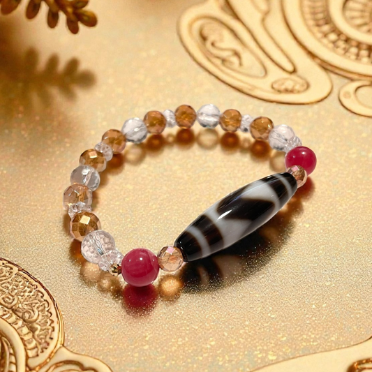 《一点物》K18入り虎牙天珠&水晶&オレンジオーラクウォーツ&ロードナイトブレスレット