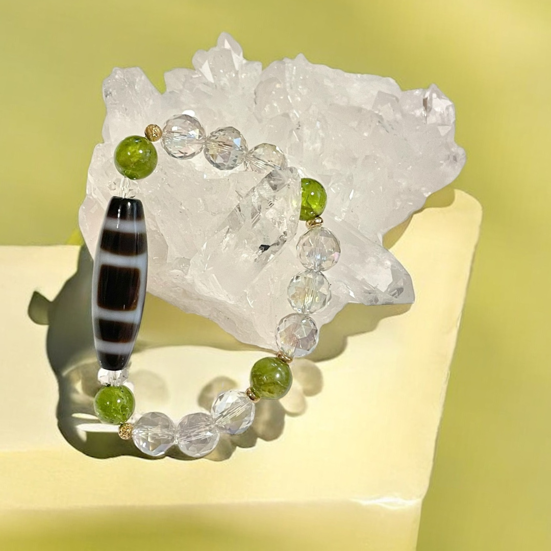 《一点物》K18入り！天地天珠＆ペリドット＆ダイアモンドカットオーラ水晶ブレスレット