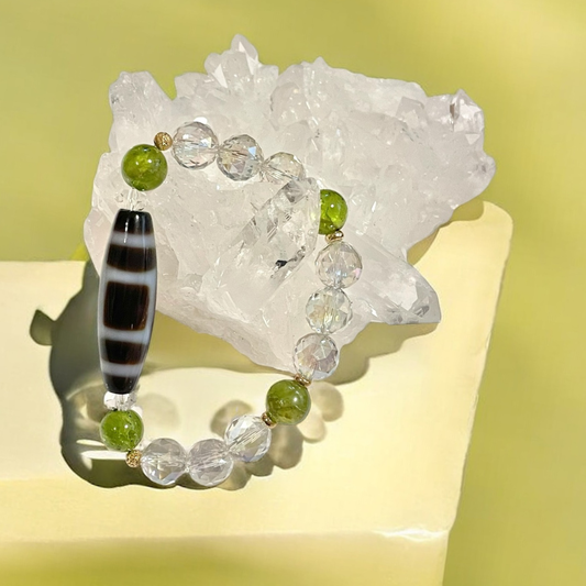 《一点物》K18入り！天地天珠＆ペリドット＆ダイアモンドカットオーラ水晶ブレスレット