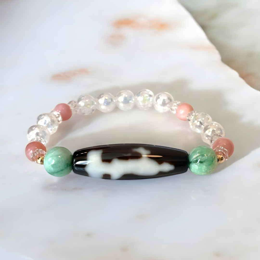 《大特価》K18入り！双観音天珠＆ヒスイ＆ピンクオパールブレスレットオッか