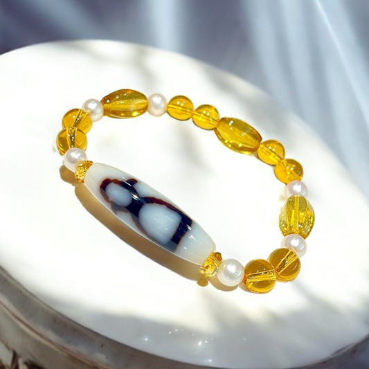 《一点物》金運ブレス　財神白天珠＆パール＆イエローアンバー