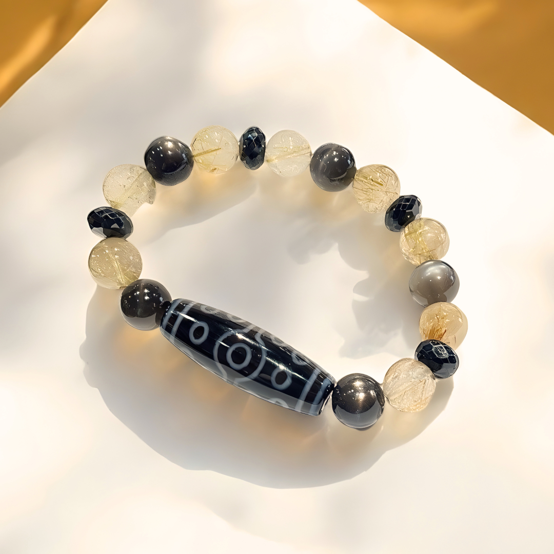 《一点物》十五眼天珠＆ブラックスターサンストーン＆ルチルクォーツブレスレット