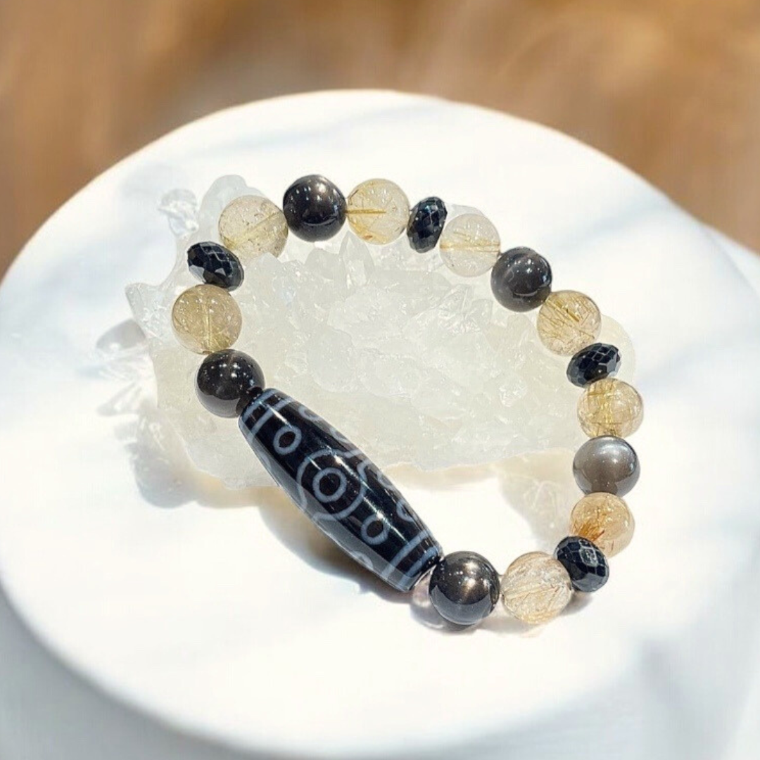 《一点物》十五眼天珠＆ブラックスターサンストーン＆ルチルクォーツブレスレット