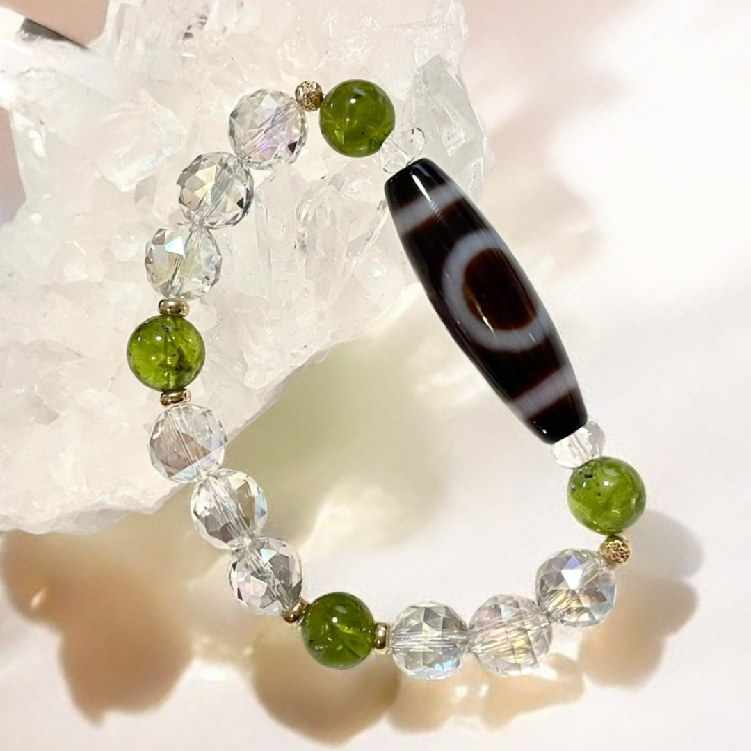 《一点物》K18入り！天地天珠＆ペリドット＆ダイアモンドカットオーラ水晶ブレスレット