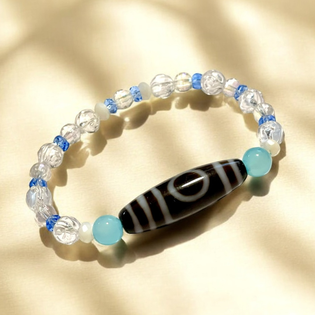 《一点物》増益天地天珠＆水晶＆シーブルーカルセドニーブレスレット