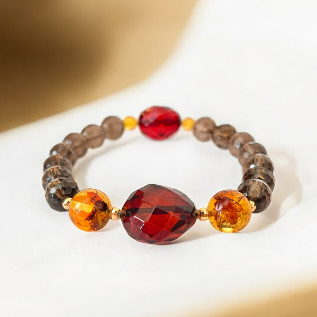 《一点物》K18入りレッド琥珀•琥珀＆スモーキークォーツブレスレット