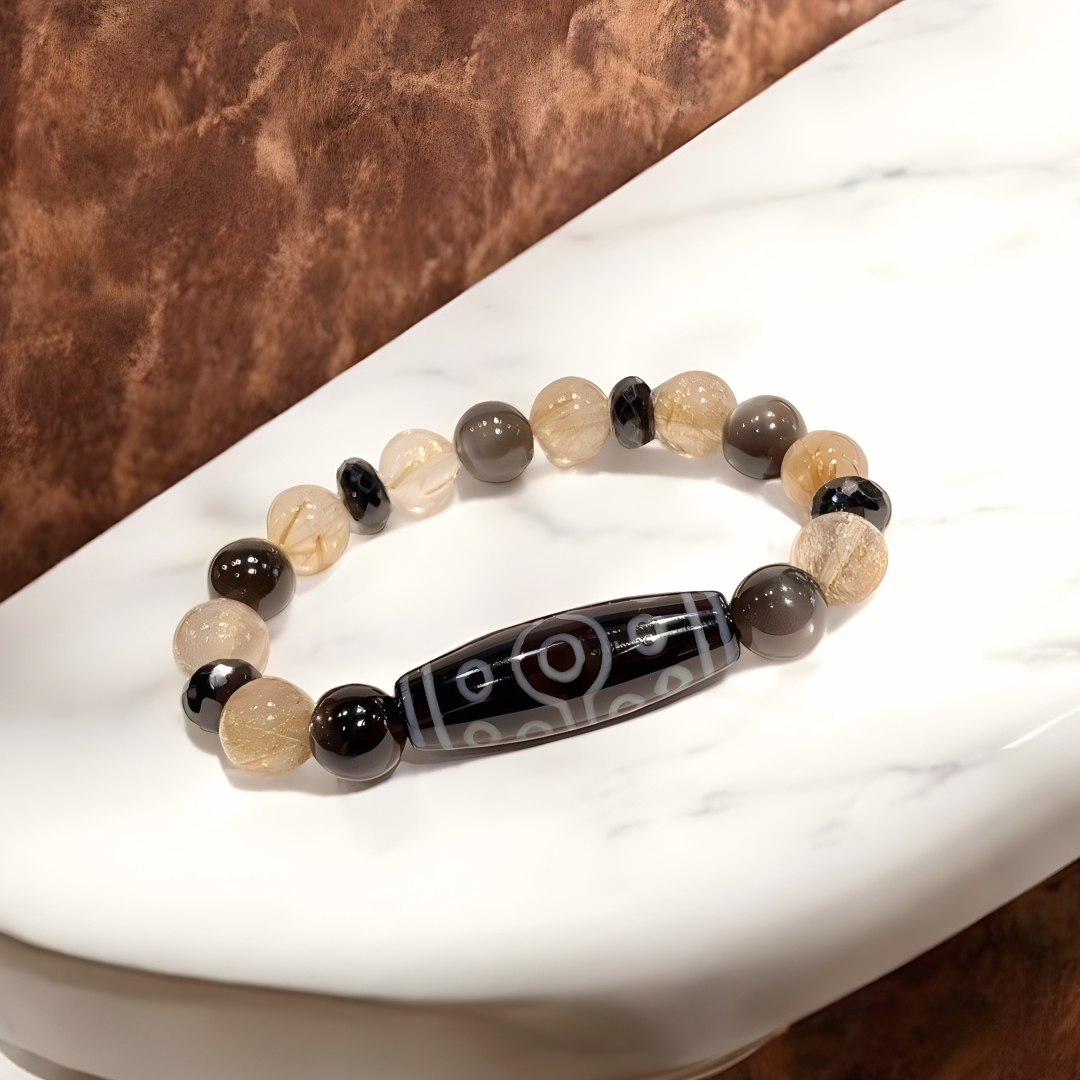 《一点物》十五眼天珠＆ブラックスターサンストーン＆ルチルクォーツブレスレット