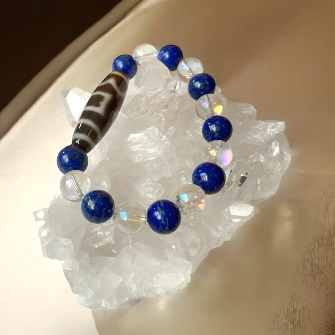 息増懐珠天珠＆ラピスラズリ＆水晶ブレスレット