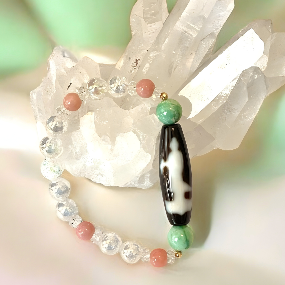 《大特価》K18入り！双観音天珠＆ヒスイ＆ピンクオパールブレスレットオッか