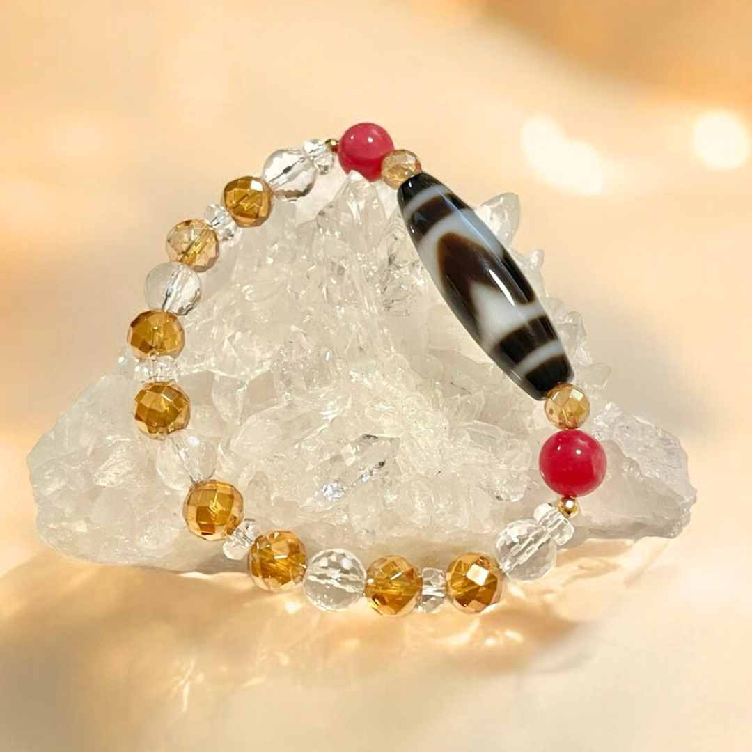 《一点物》K18入り虎牙天珠&水晶&オレンジオーラクウォーツ&ロードナイトブレスレット