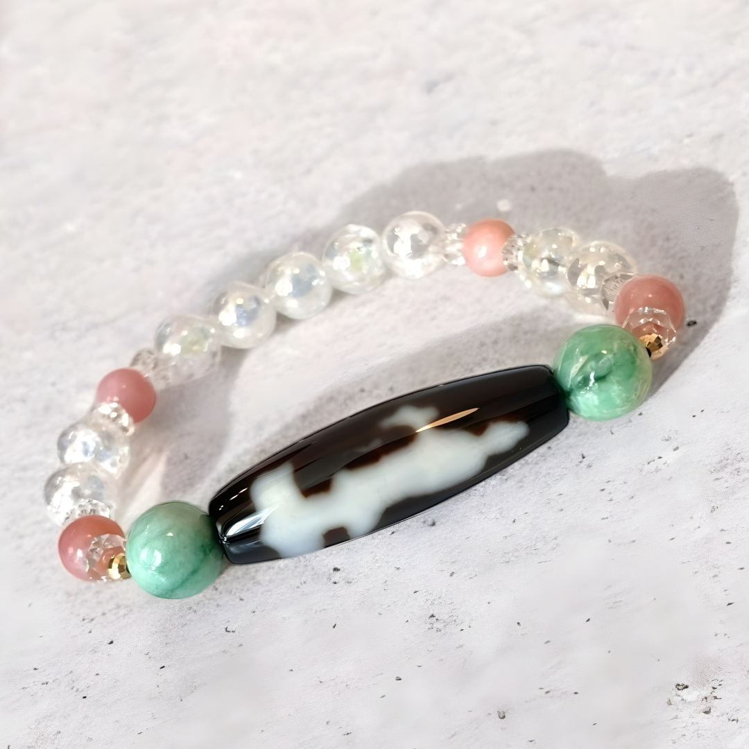 《大特価》K18入り！双観音天珠＆ヒスイ＆ピンクオパールブレスレットオッか