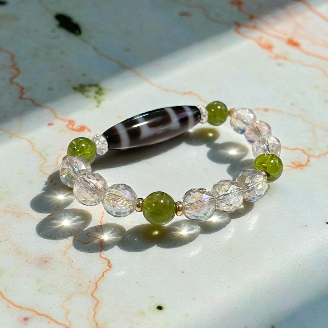 《一点物》K18入り！天地天珠＆ペリドット＆ダイアモンドカットオーラ水晶ブレスレット