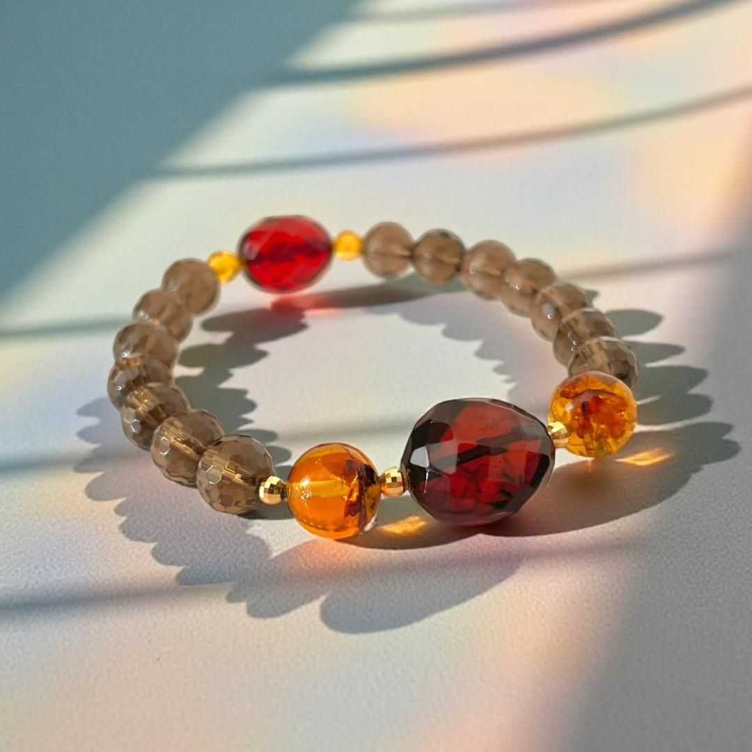 《一点物》K18入りレッド琥珀•琥珀＆スモーキークォーツブレスレット