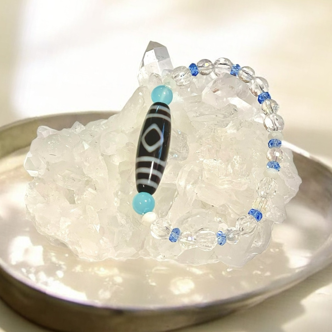 《一点物》増益天地天珠＆水晶＆シーブルーカルセドニーブレスレット