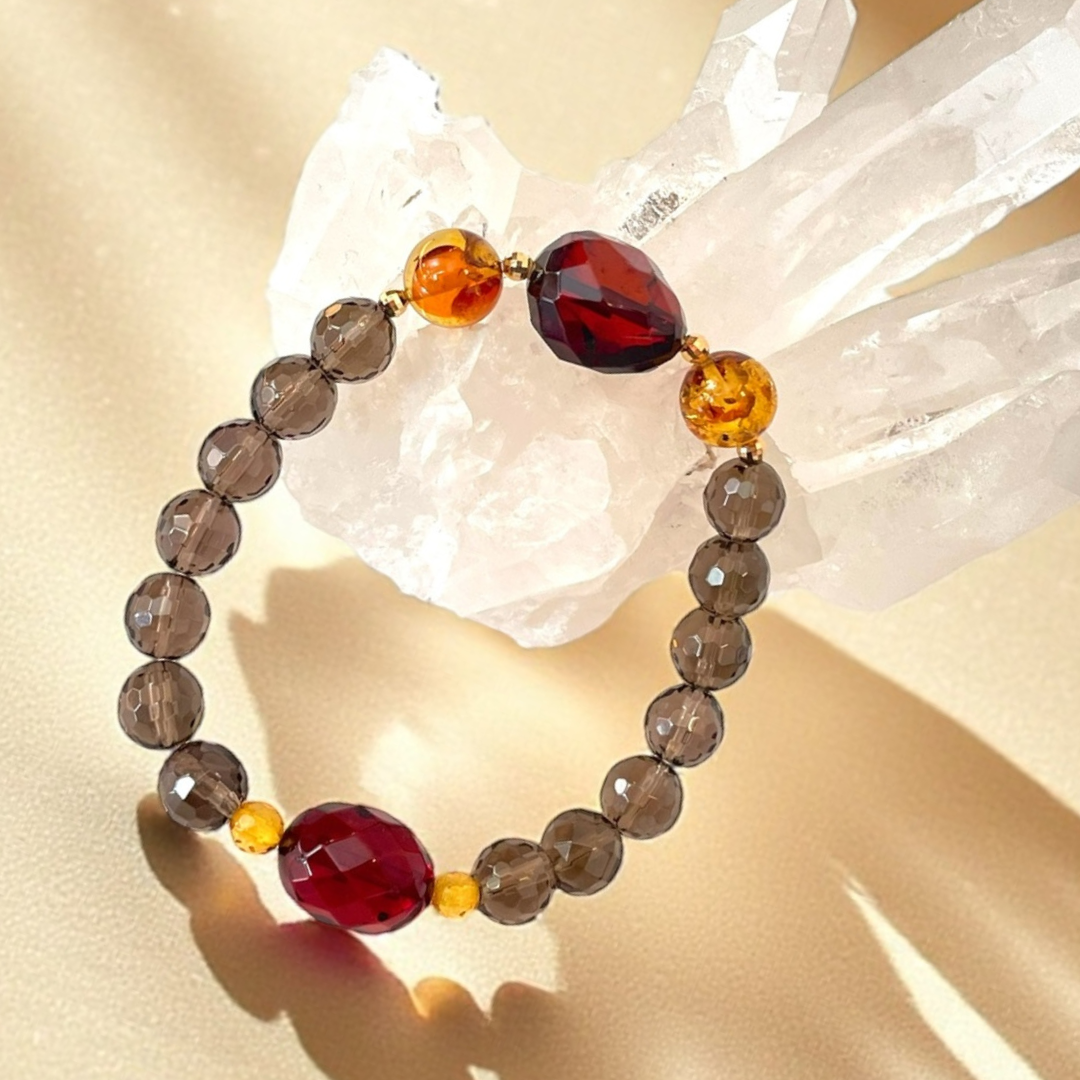 《一点物》K18入りレッド琥珀•琥珀＆スモーキークォーツブレスレット