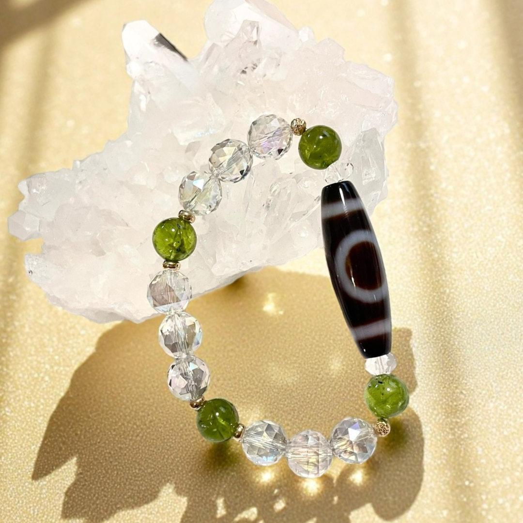《一点物》K18入り！天地天珠＆ペリドット＆ダイアモンドカットオーラ水晶ブレスレット