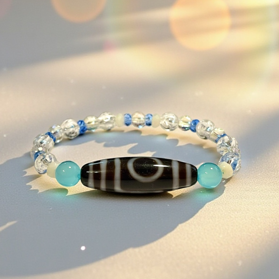 《一点物》増益天地天珠＆水晶＆シーブルーカルセドニーブレスレット