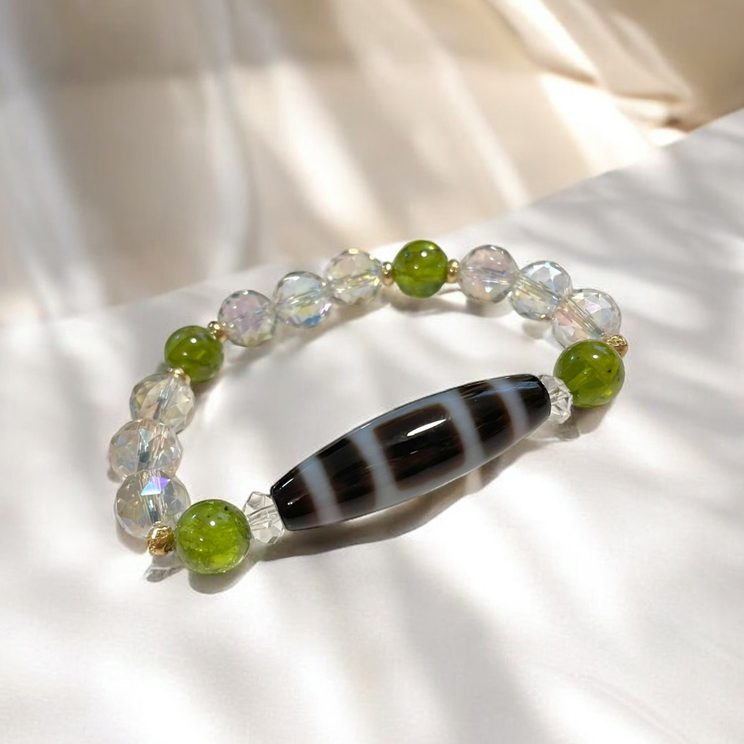 《一点物》K18入り！天地天珠＆ペリドット＆ダイアモンドカットオーラ水晶ブレスレット