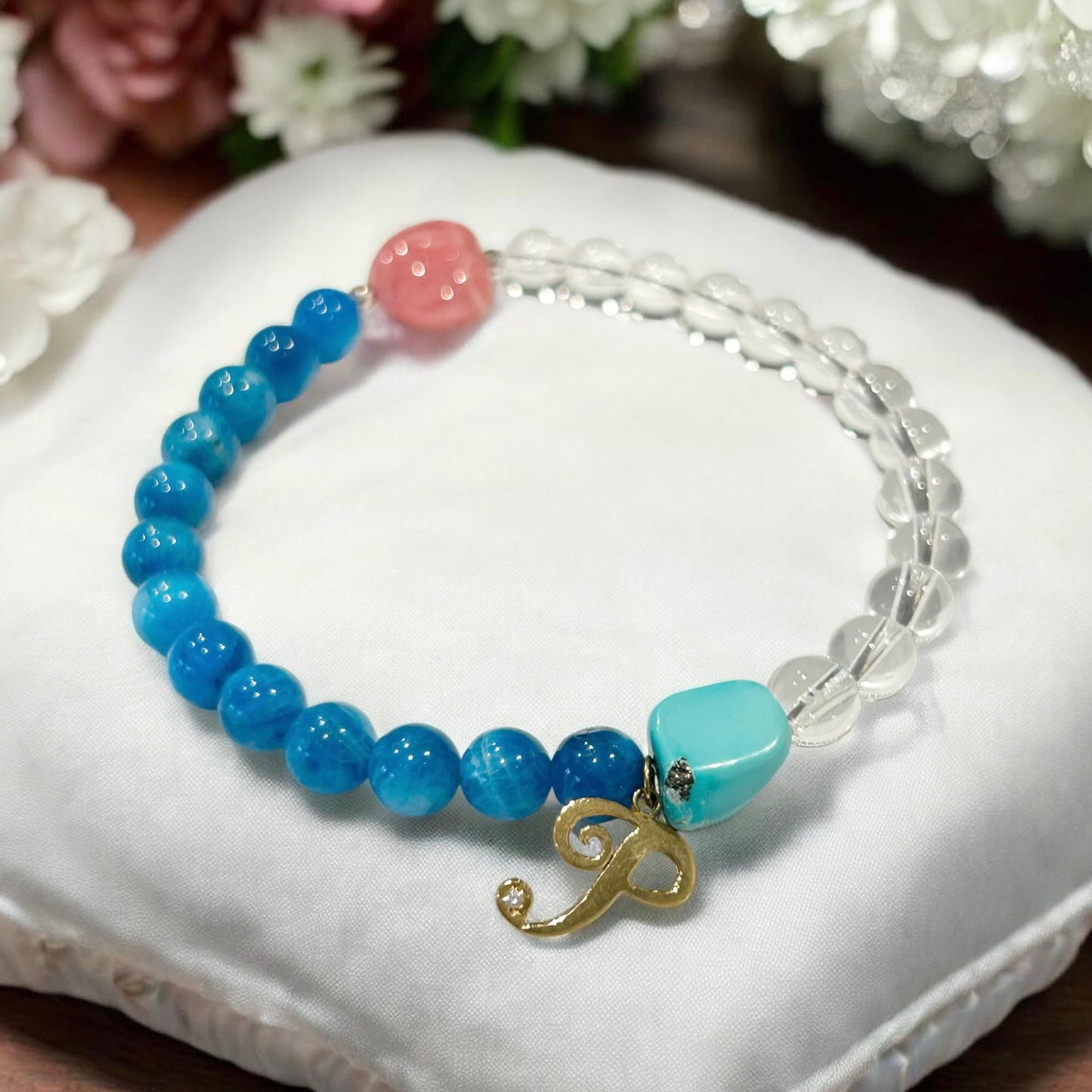 【トルコ石】k18チャームダイヤモンド入り　インカローズハート型ブレスレット