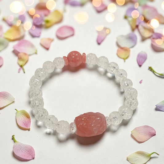 【新作】鳳凰彫り天珠型　牡丹　ピンクメノウ　ブレスレット